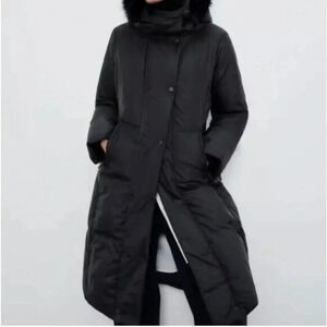 Zara Long Black Puffer  Coat Faux Fur Trim Hood XS
